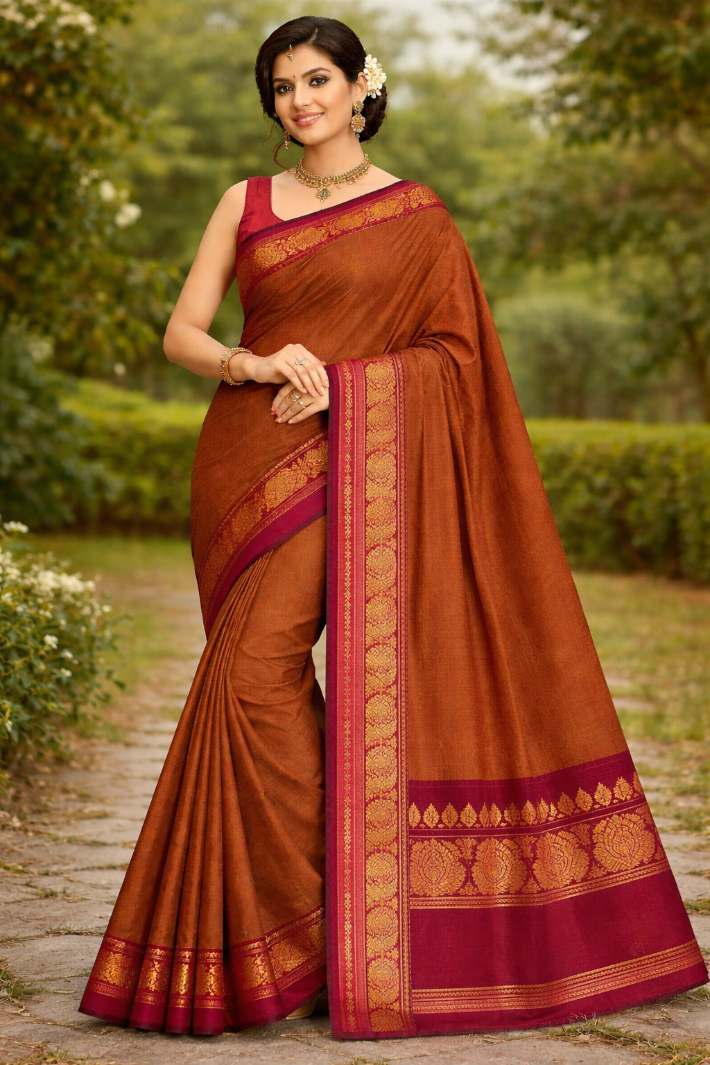 Rust Brown Cotton Saree with Maroon Zari Peacock Border – Traditional Chettinad Style
