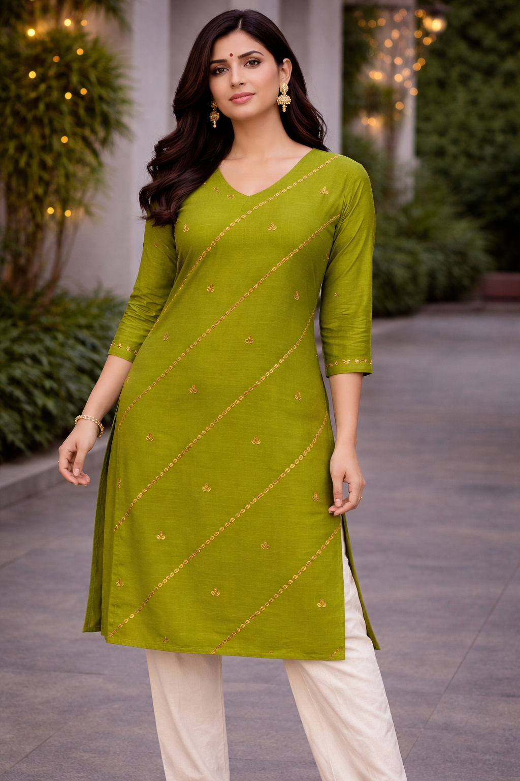 Olive Green Silk Cotton V-Neck Kurti