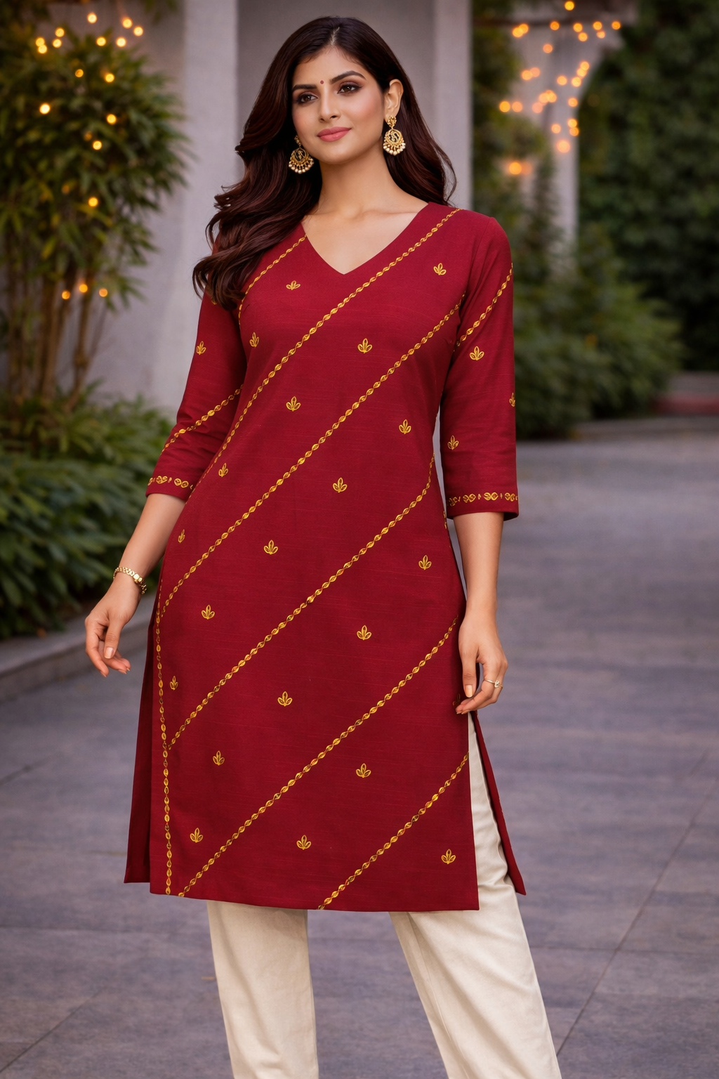 Classic Red Silk Cotton V-Neck Kurti