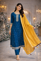 Royal Blue Vatican Fabric Umbrella Salwar Suit with Mustard Dupatta