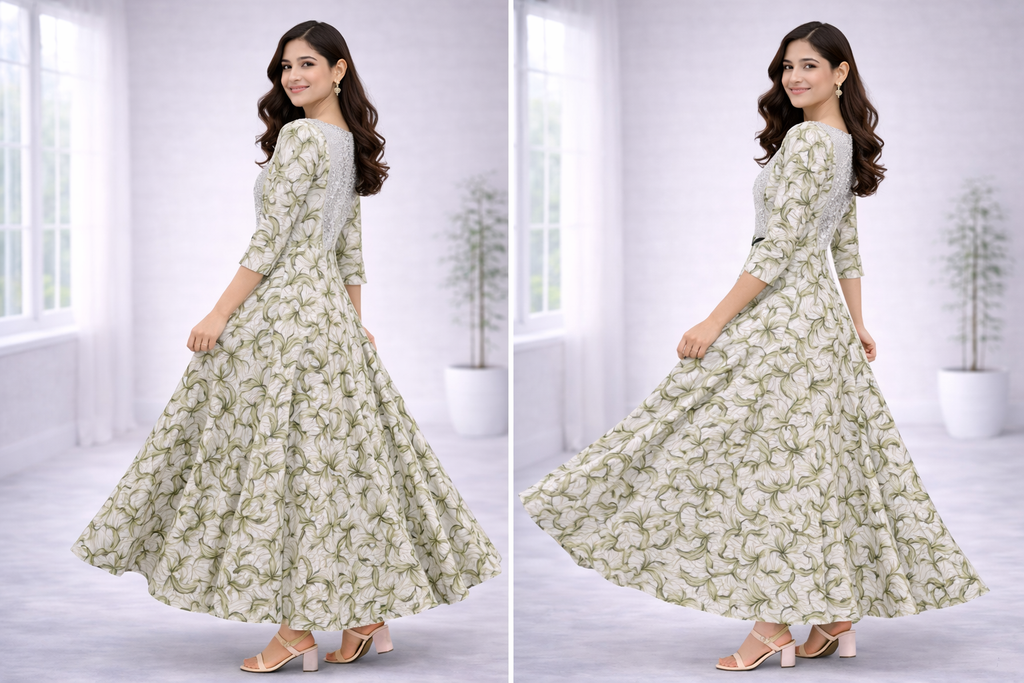 Women’s Green Printed Frock Style Dress – Round Neck Popcorn Fabric