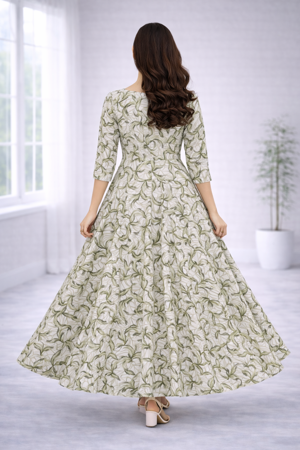 Women’s Green Printed Frock Style Dress – Round Neck Popcorn Fabric