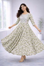 Women’s Green Printed Frock Style Dress – Round Neck Popcorn Fabric