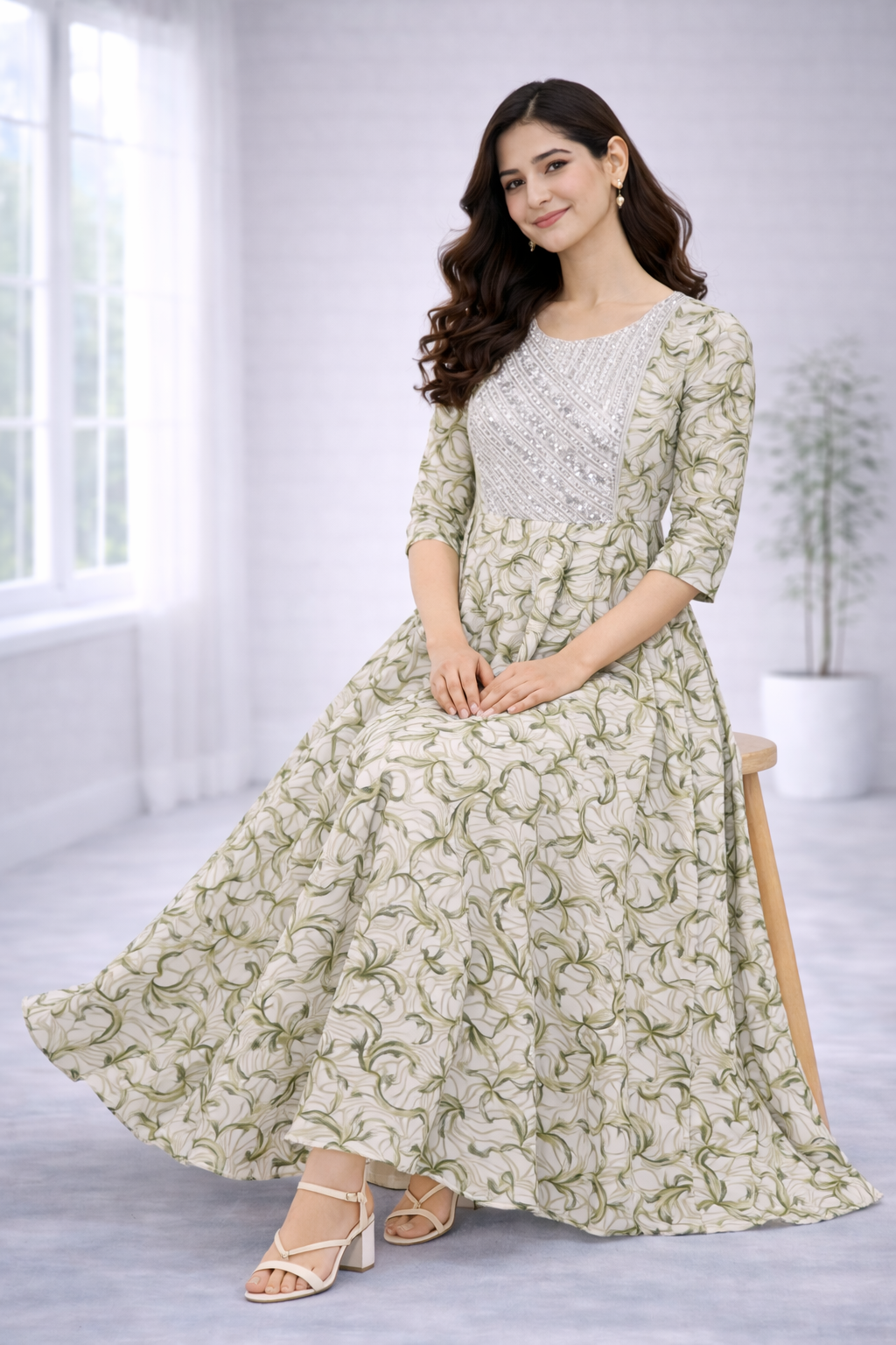 Women’s Green Printed Frock Style Dress – Round Neck Popcorn Fabric