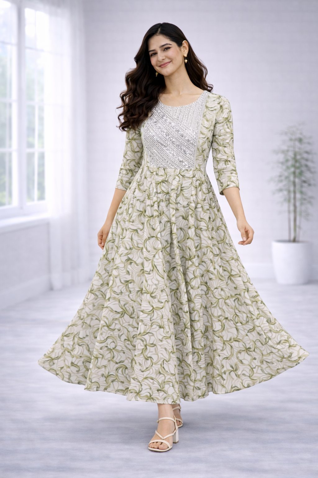 Women’s Green Printed Frock Style Dress – Round Neck Popcorn Fabric