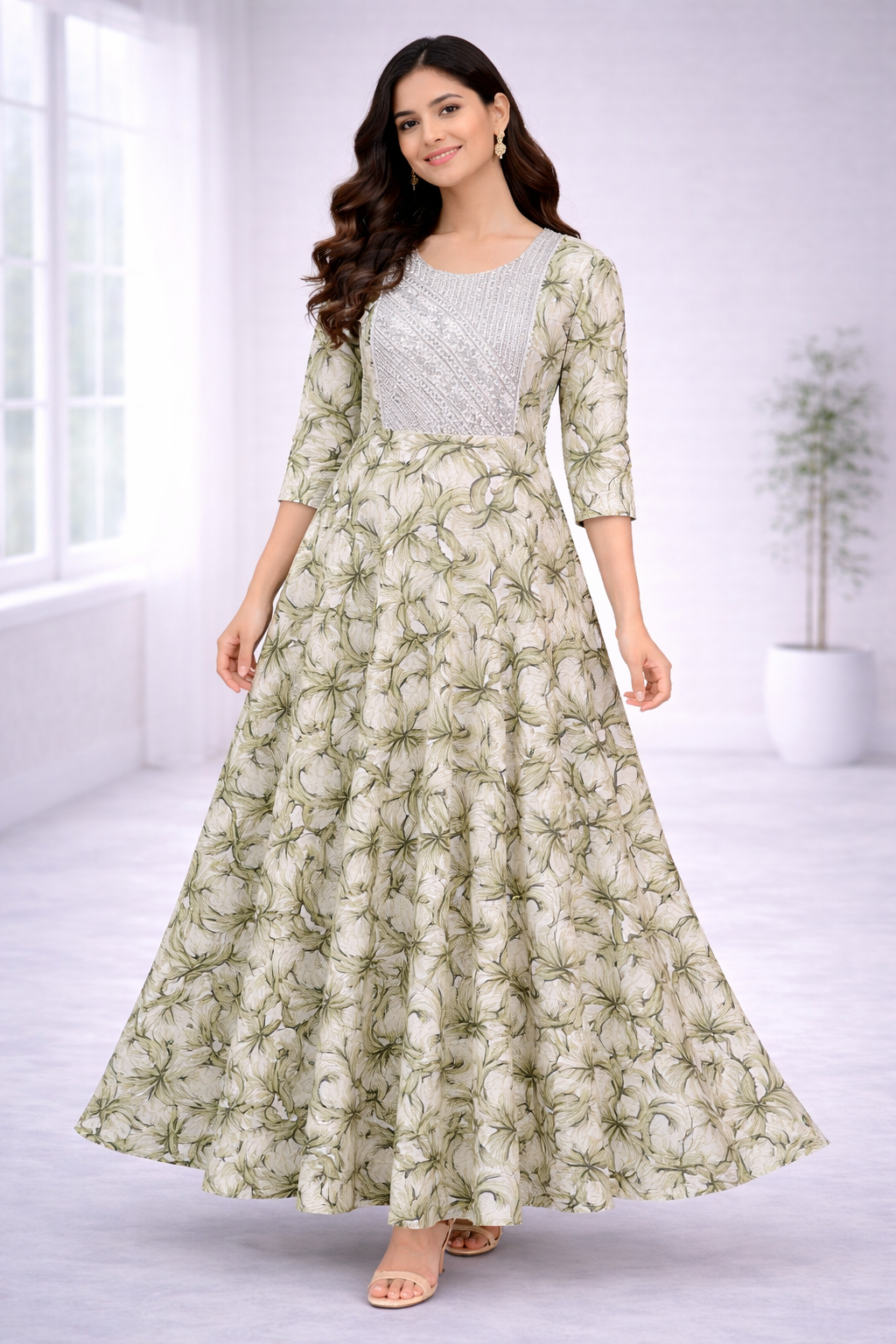 Women’s Green Printed Frock Style Dress – Round Neck Popcorn Fabric