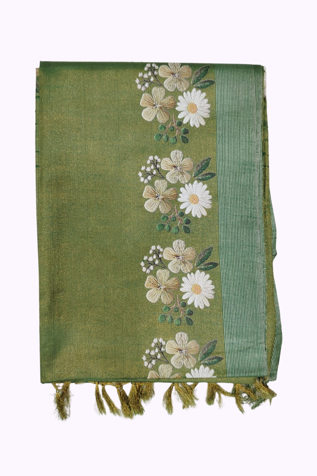 Green Bhagalpur Art Silk Saree with Floral Embroidery & Tassels