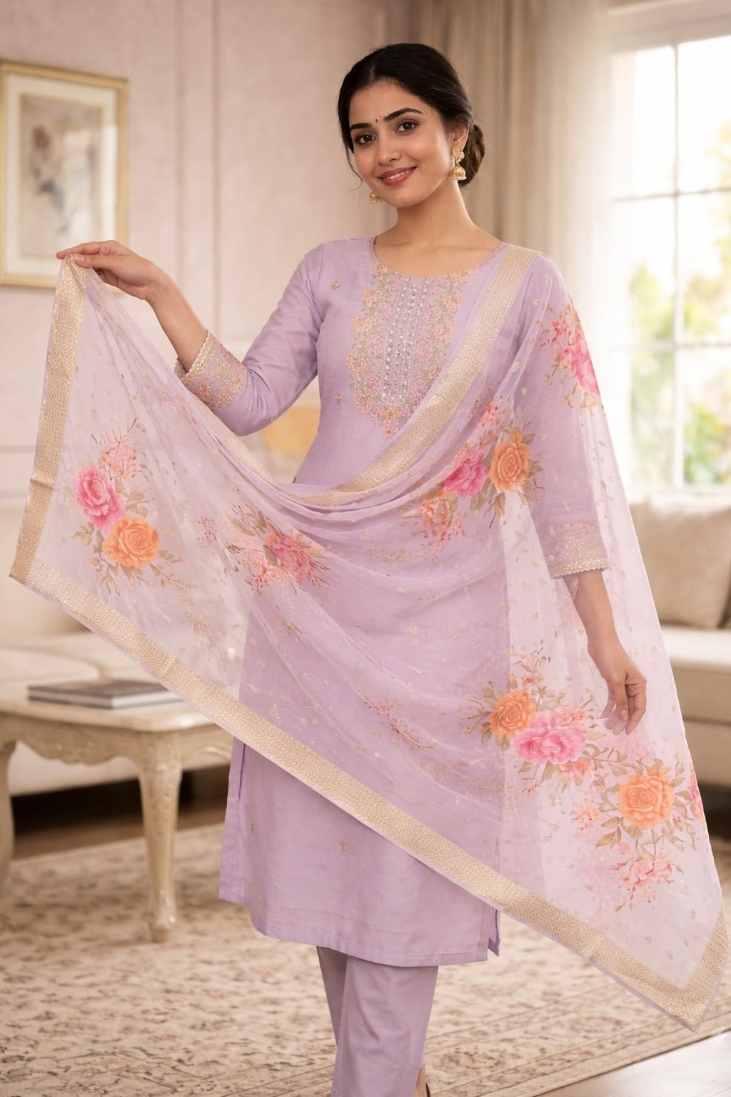 Lavender Roman Silk Salwar Suit with Floral Dupatta | Embroidered Round Neck Kurti Set for Women