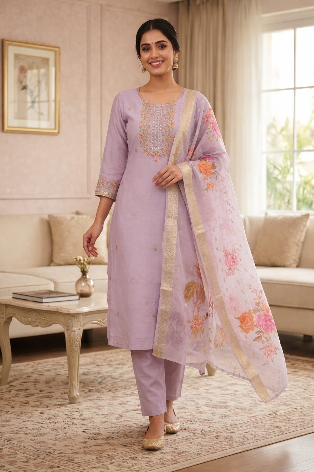 Lavender Roman Silk Salwar Suit with Floral Dupatta | Embroidered Round Neck Kurti Set for Women