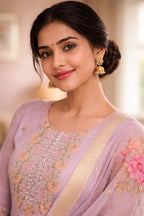 Lavender Roman Silk Salwar Suit with Floral Dupatta