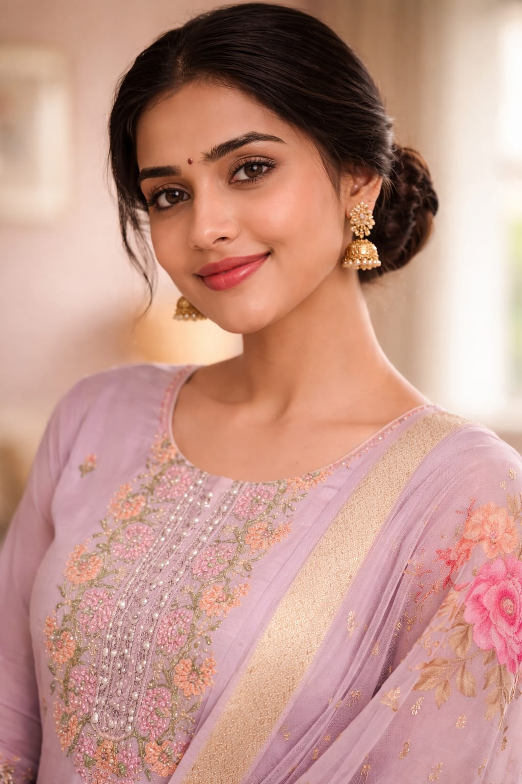 Lavender Roman Silk Salwar Suit with Floral Dupatta | Embroidered Round Neck Kurti Set for Women