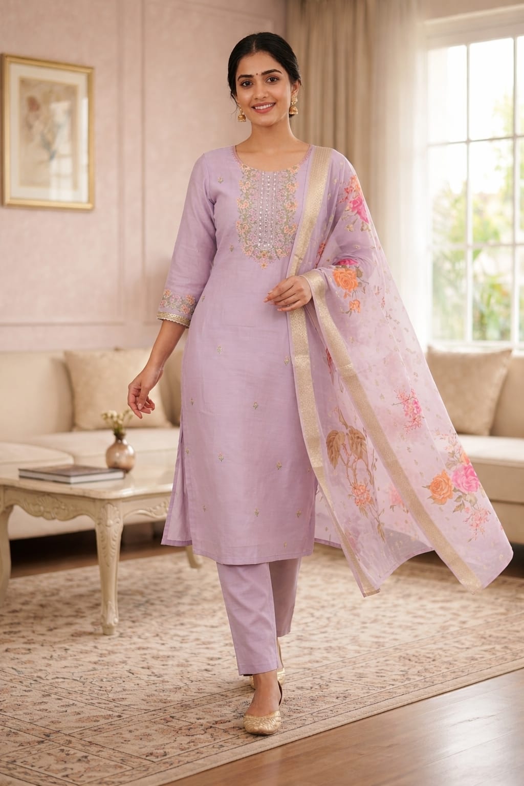 Lavender Roman Silk Salwar Suit with Floral Dupatta