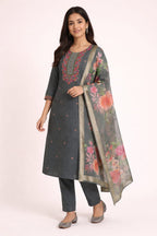 Slate Grey Roman Silk Salwar Suit with Floral Dupatta