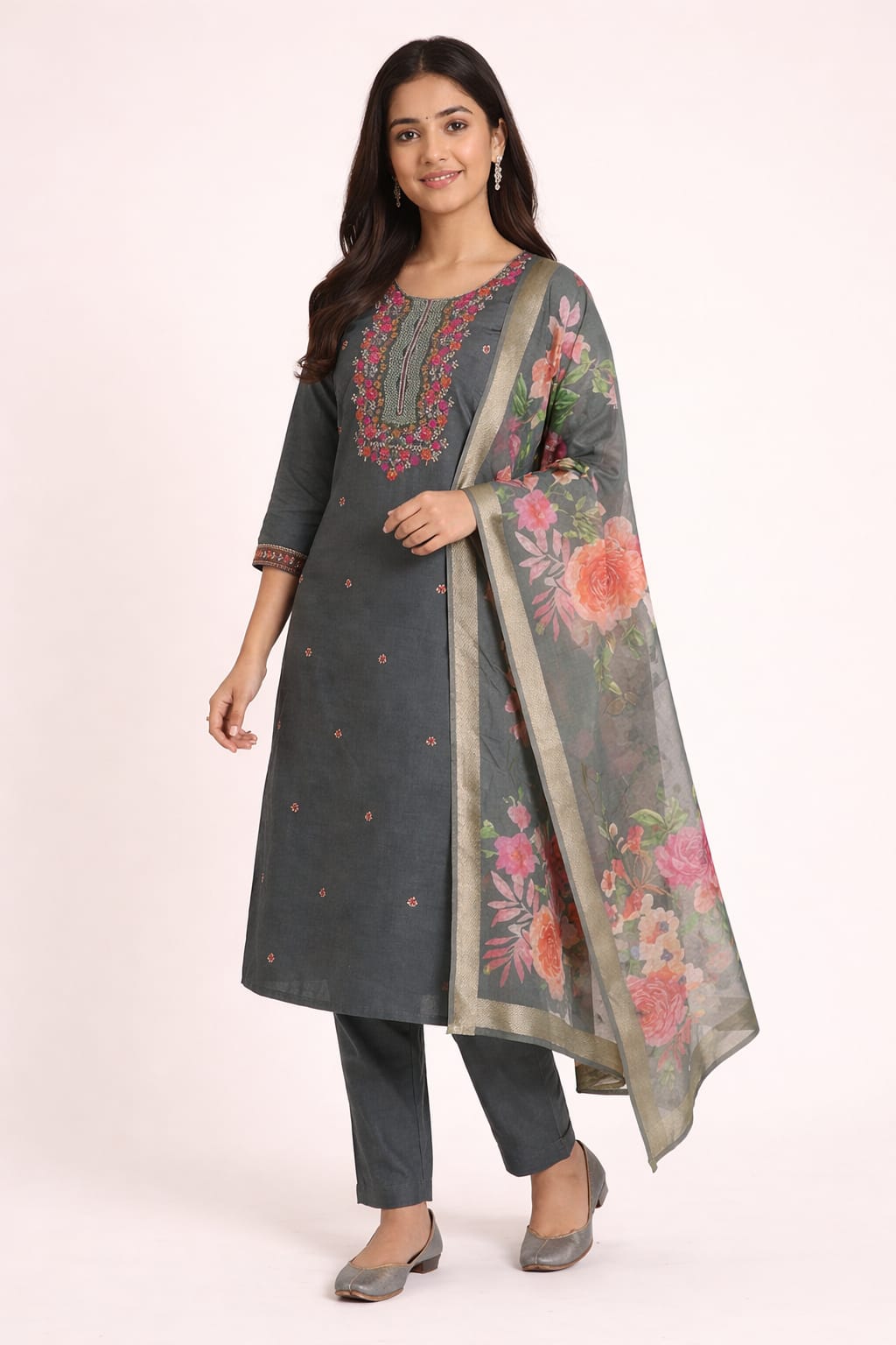 Slate Grey Roman Silk Salwar Suit with Floral Dupatta | Embroidered Round Neck Kurti Set for Women