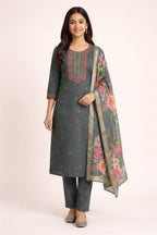 Slate Grey Roman Silk Salwar Suit with Floral Dupatta