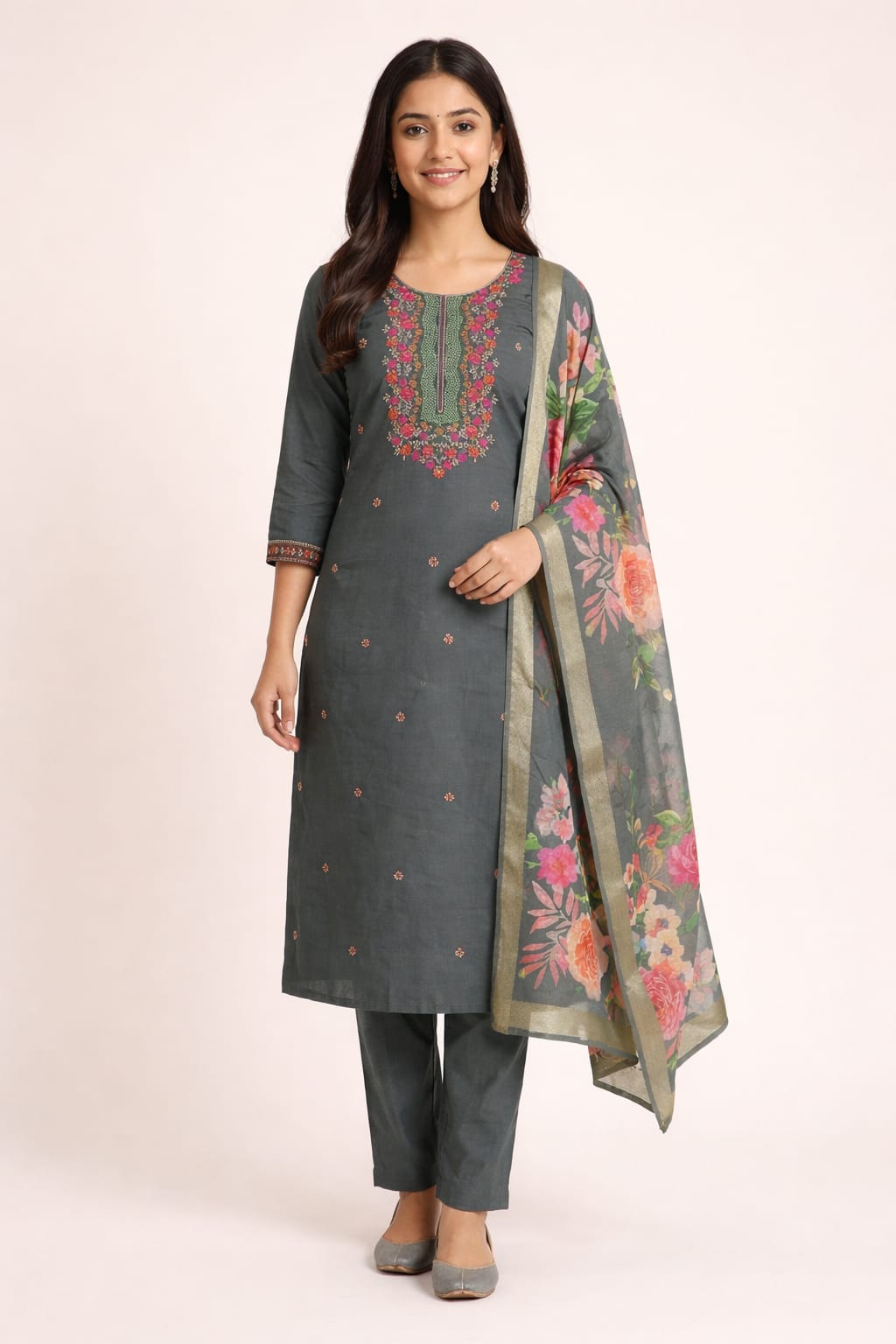 Slate Grey Roman Silk Salwar Suit with Floral Dupatta | Embroidered Round Neck Kurti Set for Women