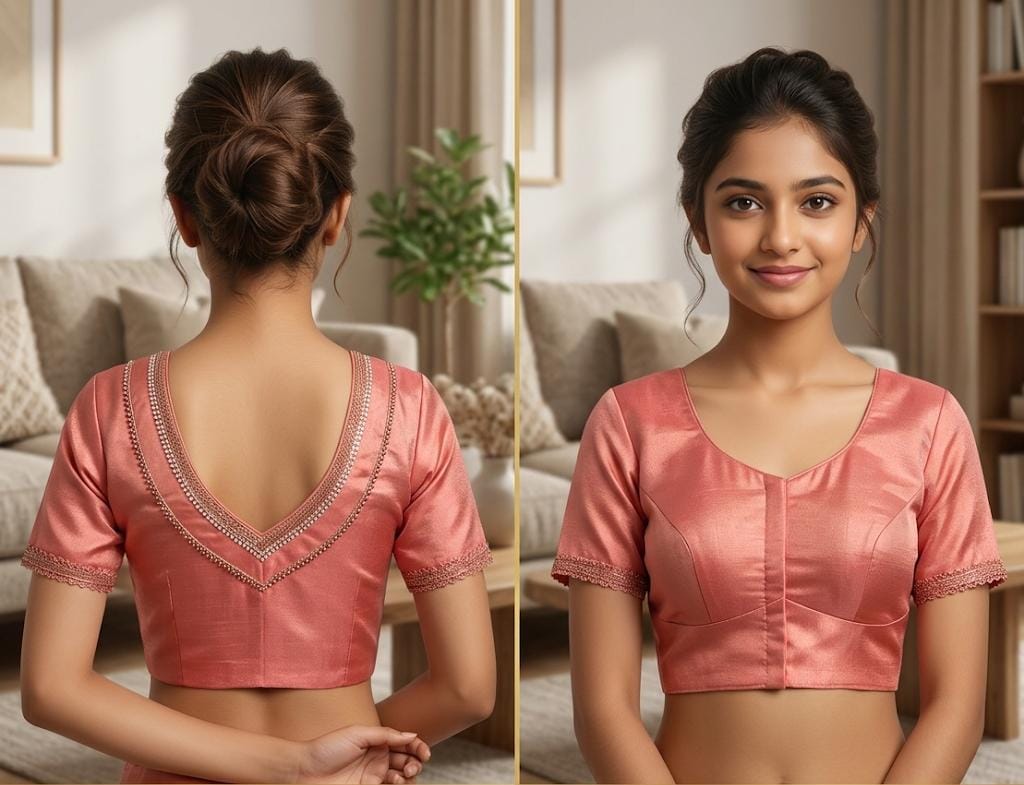 Peach Silk Cotton Readymade Blouse – V Back Neck
