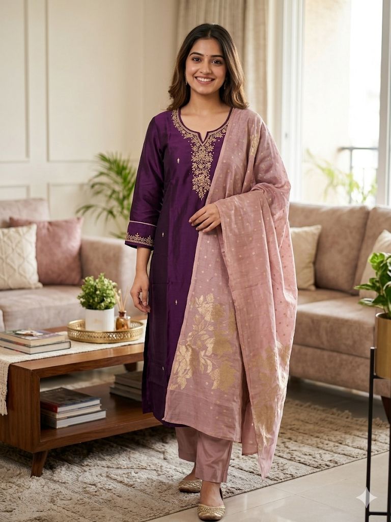 Purple Rangila Silk Salwar Suit with Stone Work & Lotus Neck