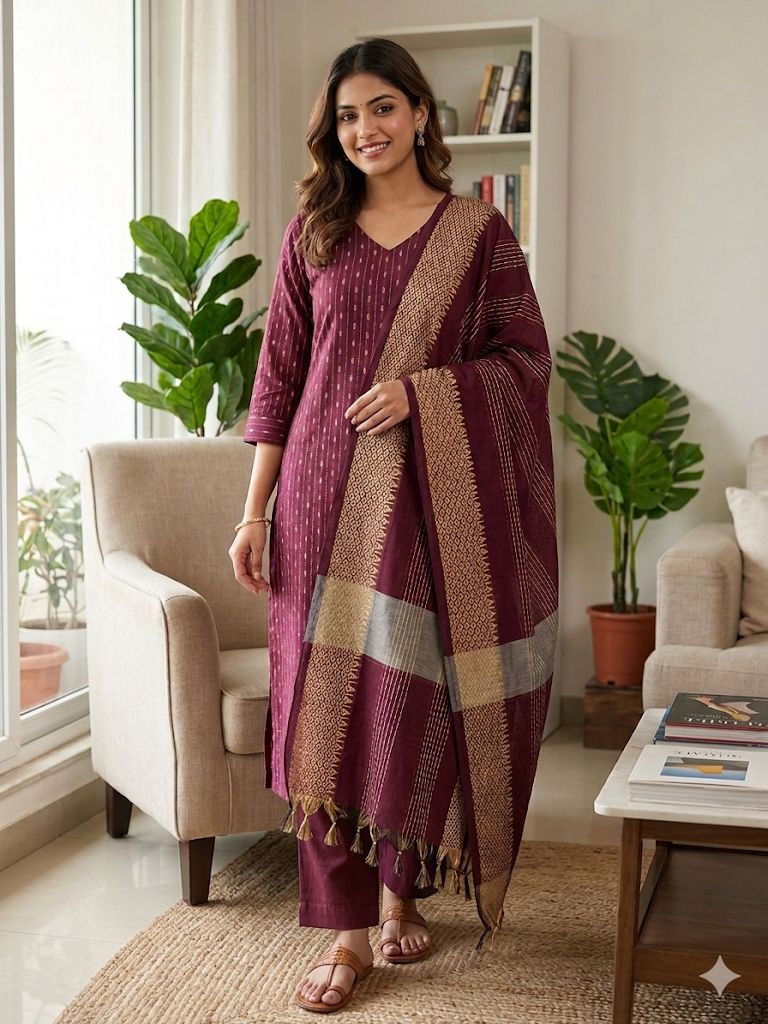 Elegant Maroon Cotton Salwar Suit Set with Dupatta