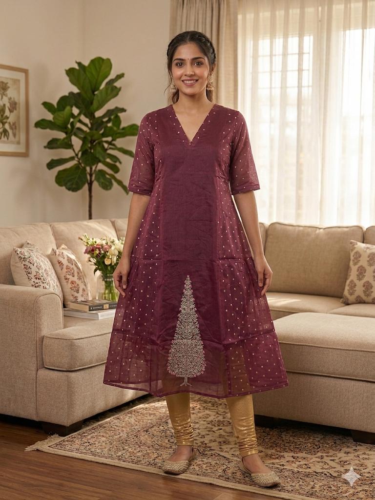 Maroon Umbrella Kurti with V-Neck & Embroidery