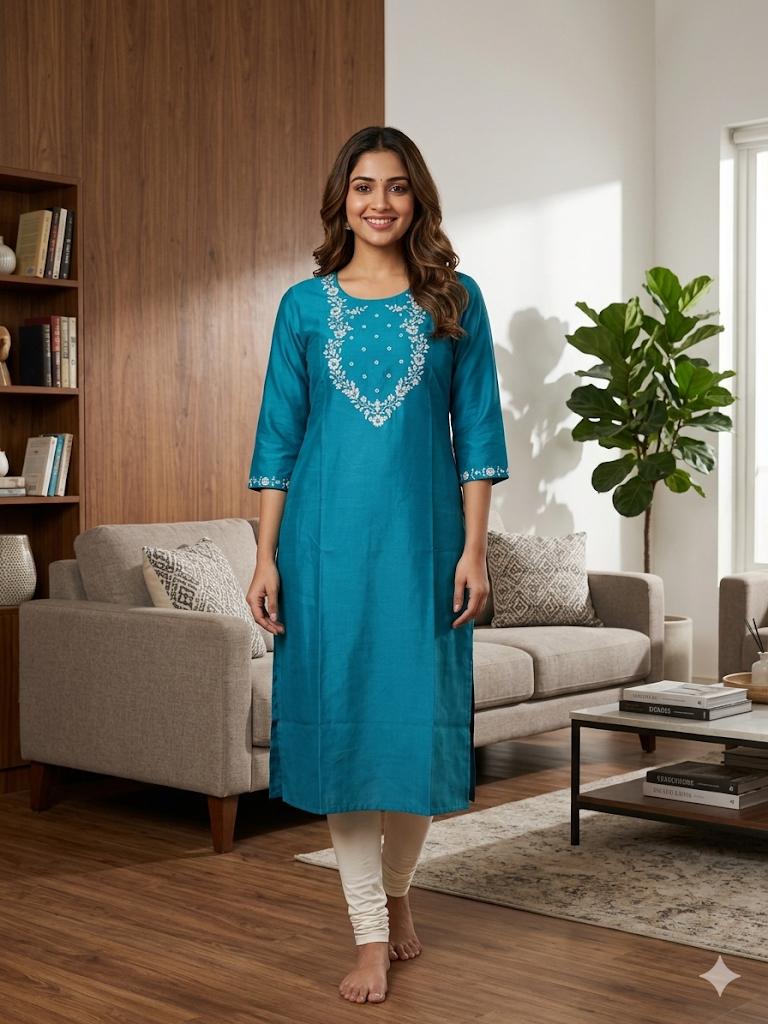 Blue Vatican Fabric Kurti with Embroidery & Round Neck
