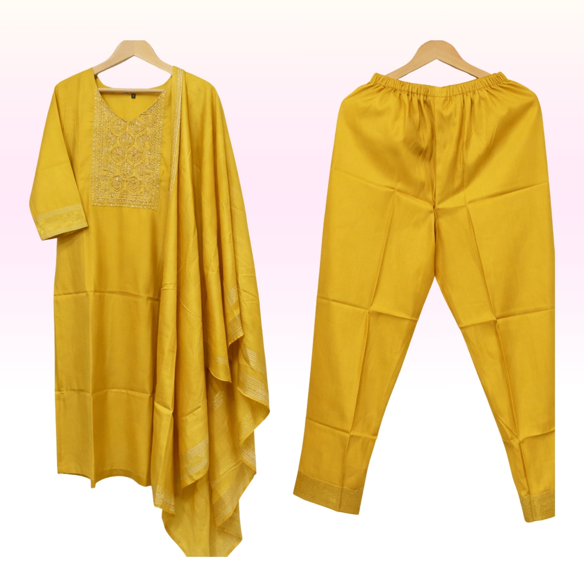 Mustard Yellow Embroidered Kurta Set with Pant & Dupatta – Elegant Festive Wear for Women