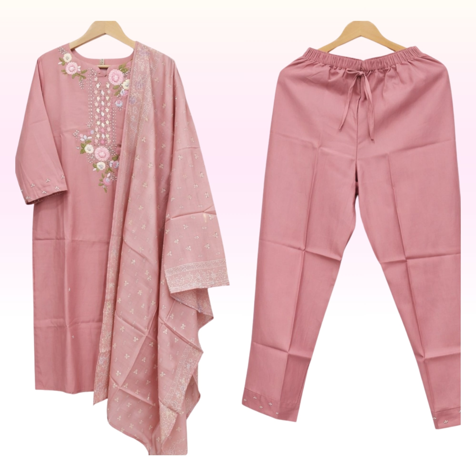 Peach Embroidered Kurta Pant Set with Matching Dupatta – Cotton Blend | Regular Wear