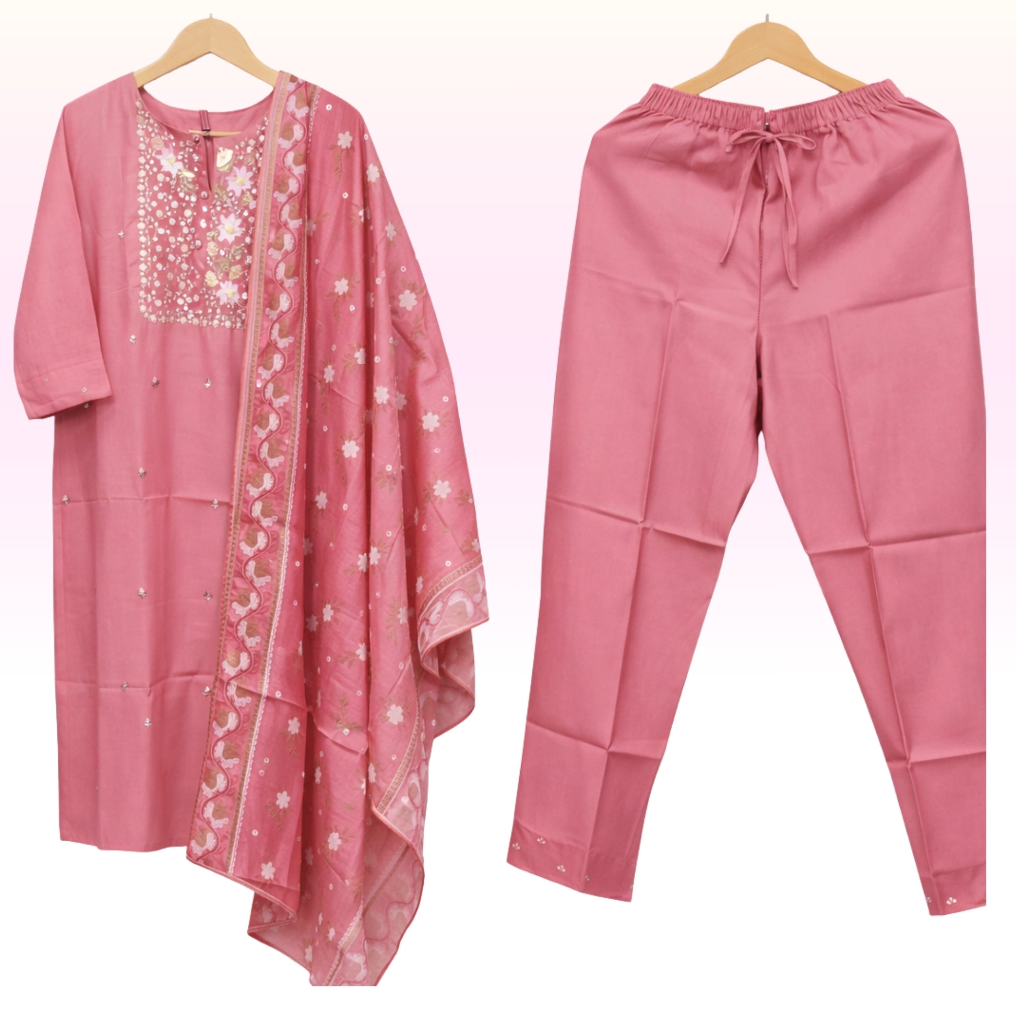 Blush Pink Embroidered Kurta Pant Set with Printed Dupatta – Elegant Festive Wear