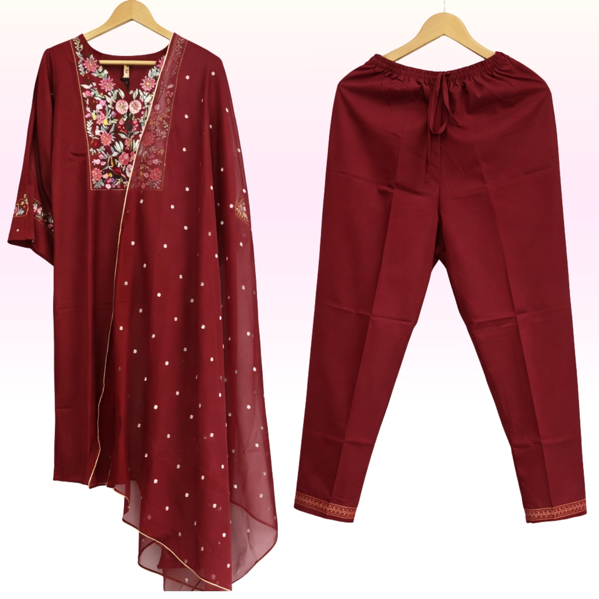 Women’s Maroon Embroidered Kurta Set with Printed Dupatta & Straight Pants