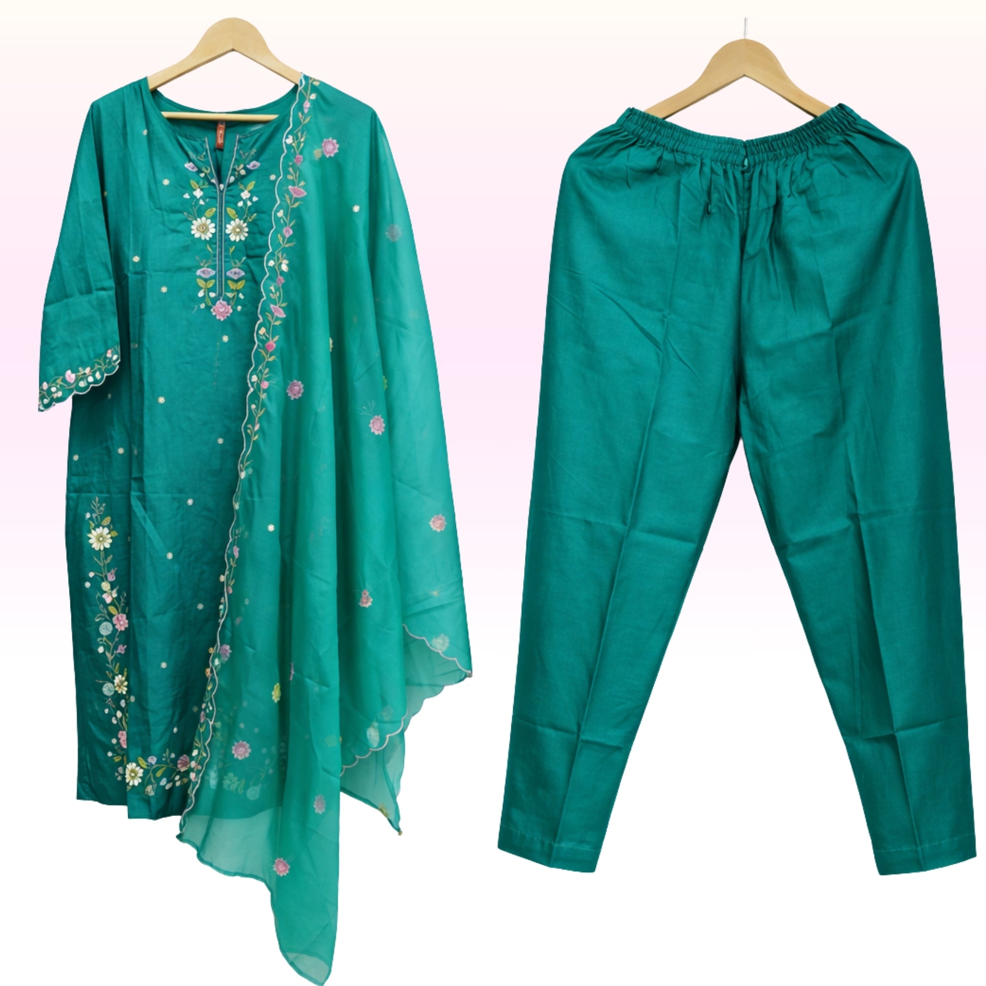 Teal Green Embroidered Kurti Set with Dupatta & Elastic Waist Pant – Elegant Party & Festive Wear