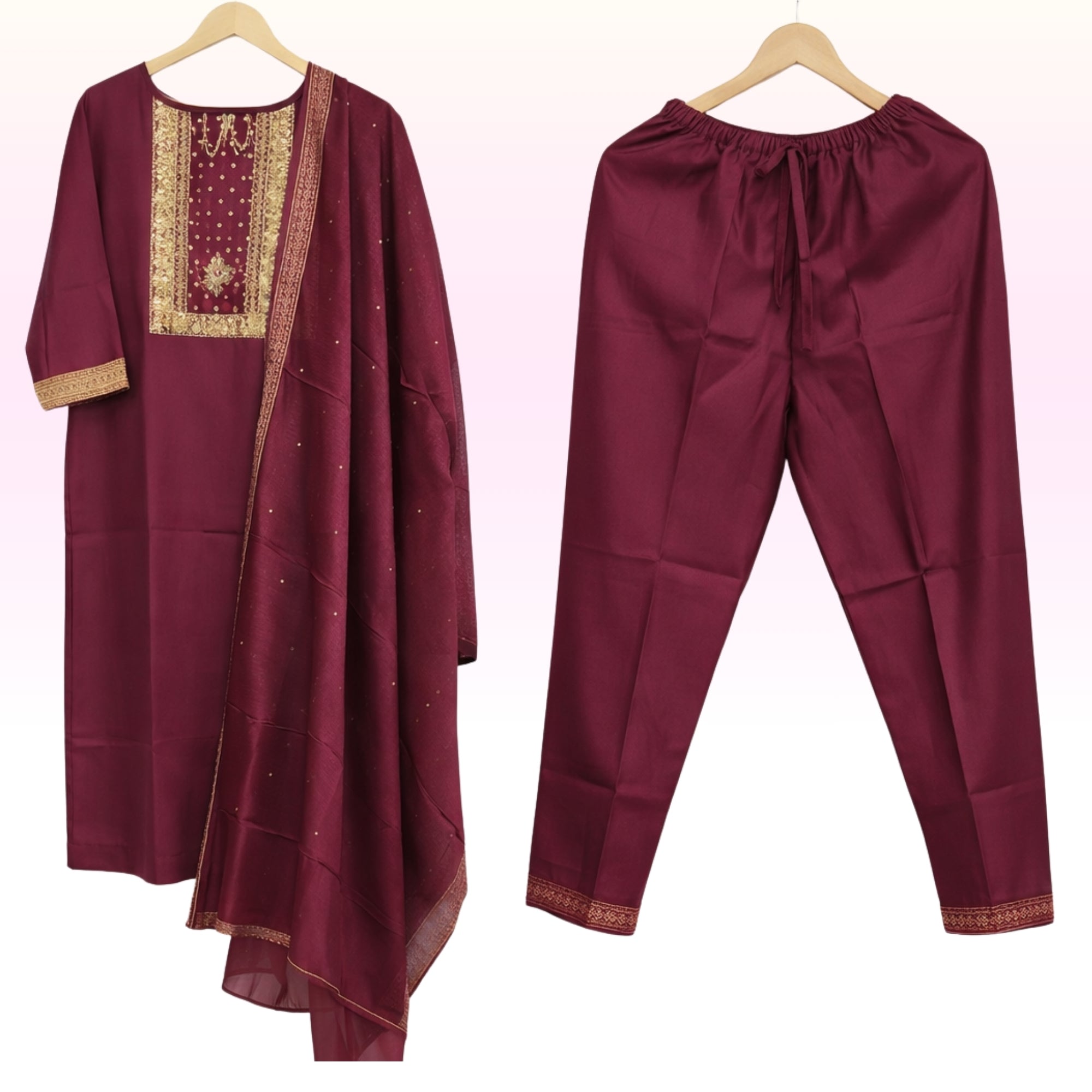 Wine Maroon Embroidered Kurta Pant Set for Women – Festive & Regular Wear
