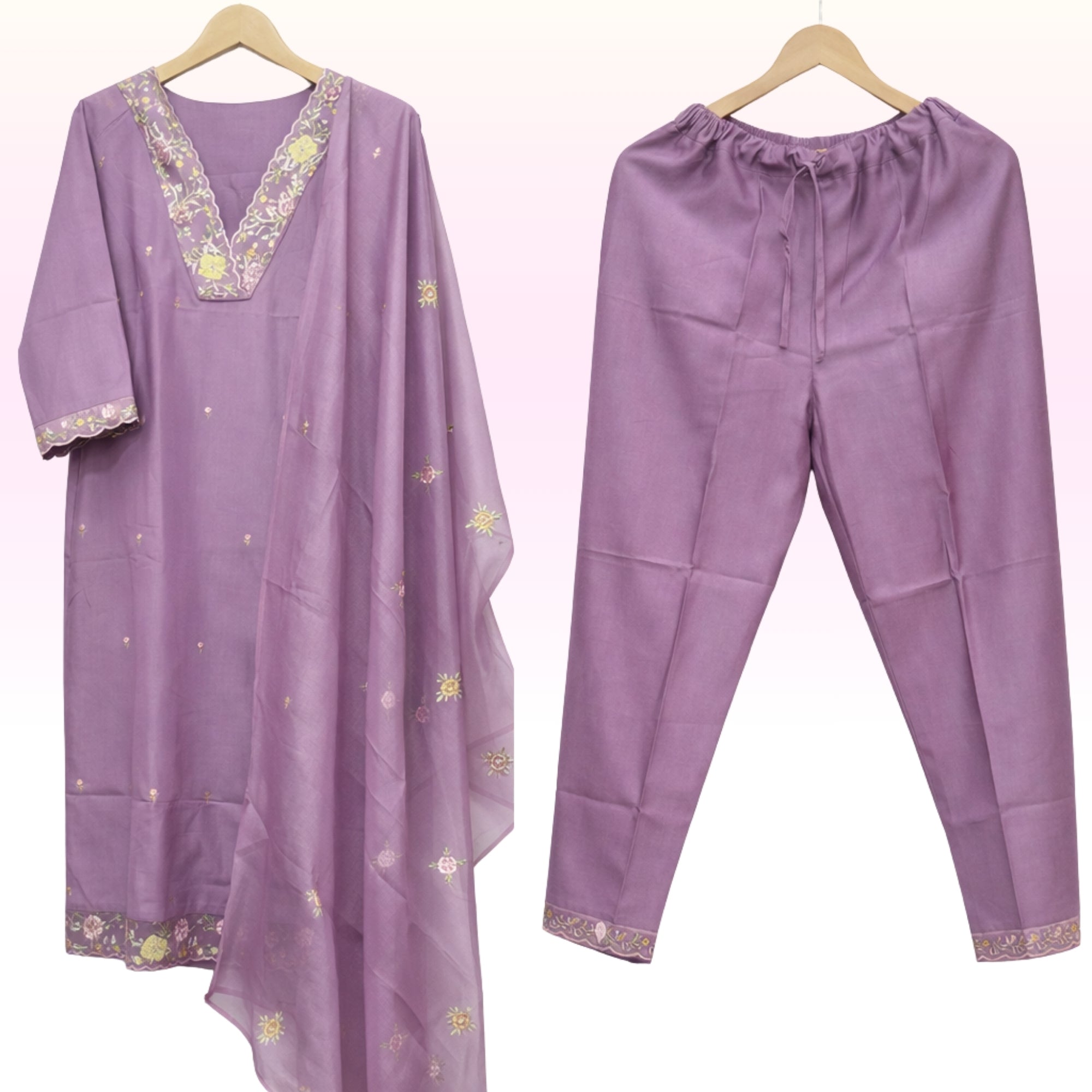 Lavender Embroidered Kurta Pant Set with Matching Dupatta – Women’s Festive Ethnic Wear