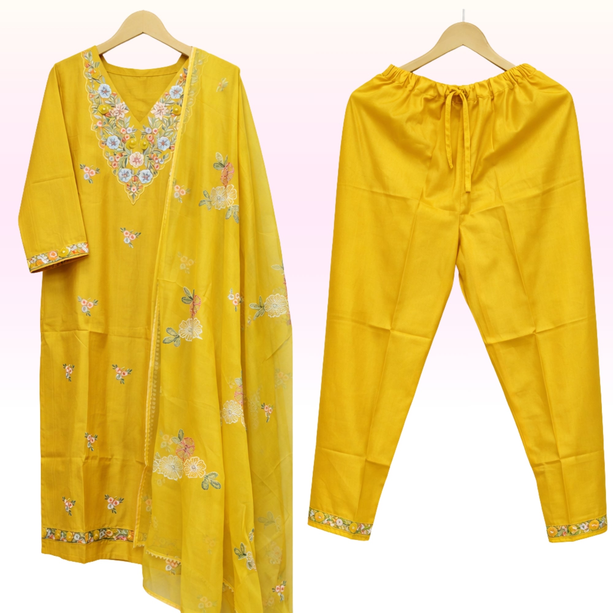 Mustard Yellow Floral Embroidered Kurta Pant Set with Matching Dupatta – Women’s Ethnic Wear