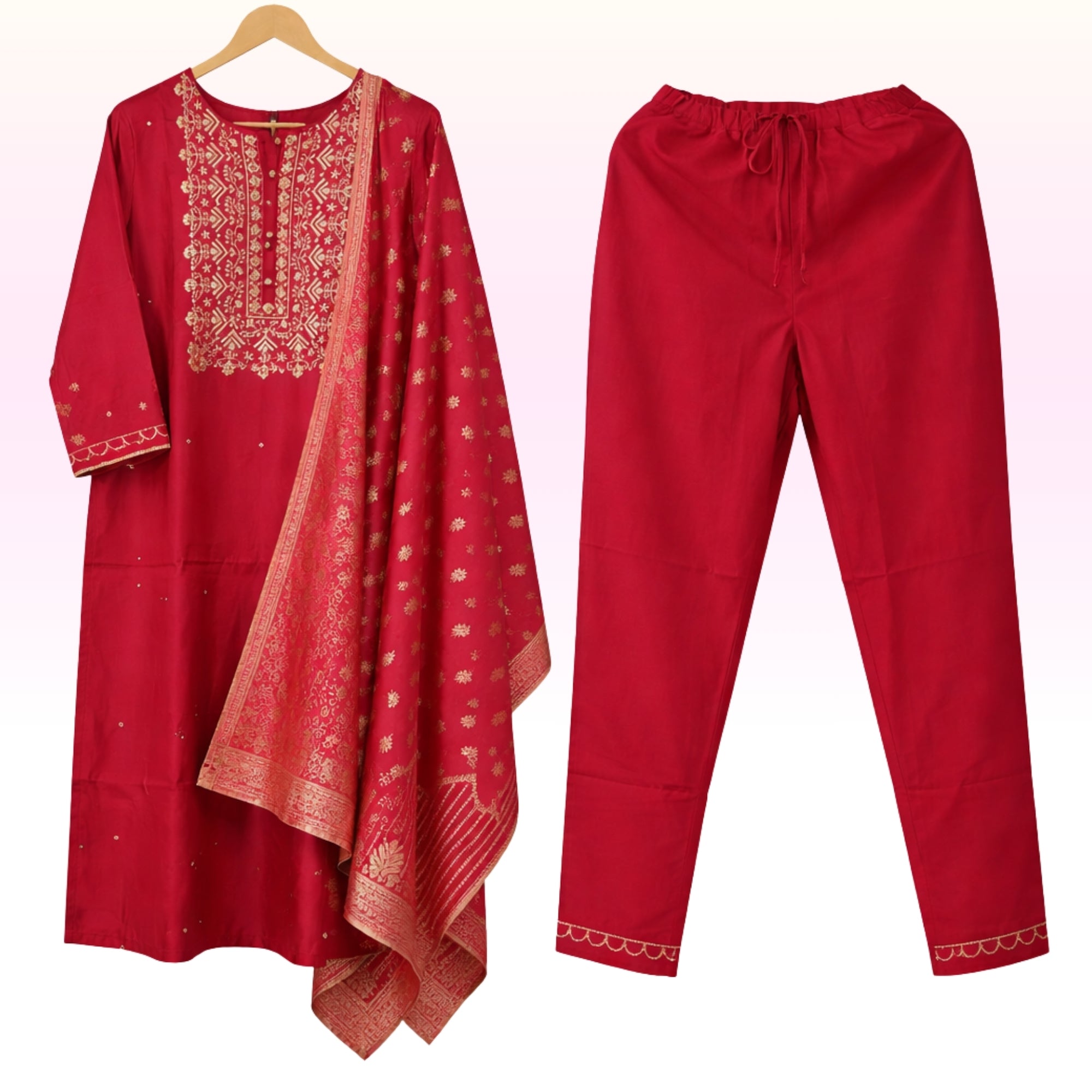 Rani Pink Floral Embroidered Kurta Pant Set with Printed Dupatta – Women’s Festive Ethnic Wear
