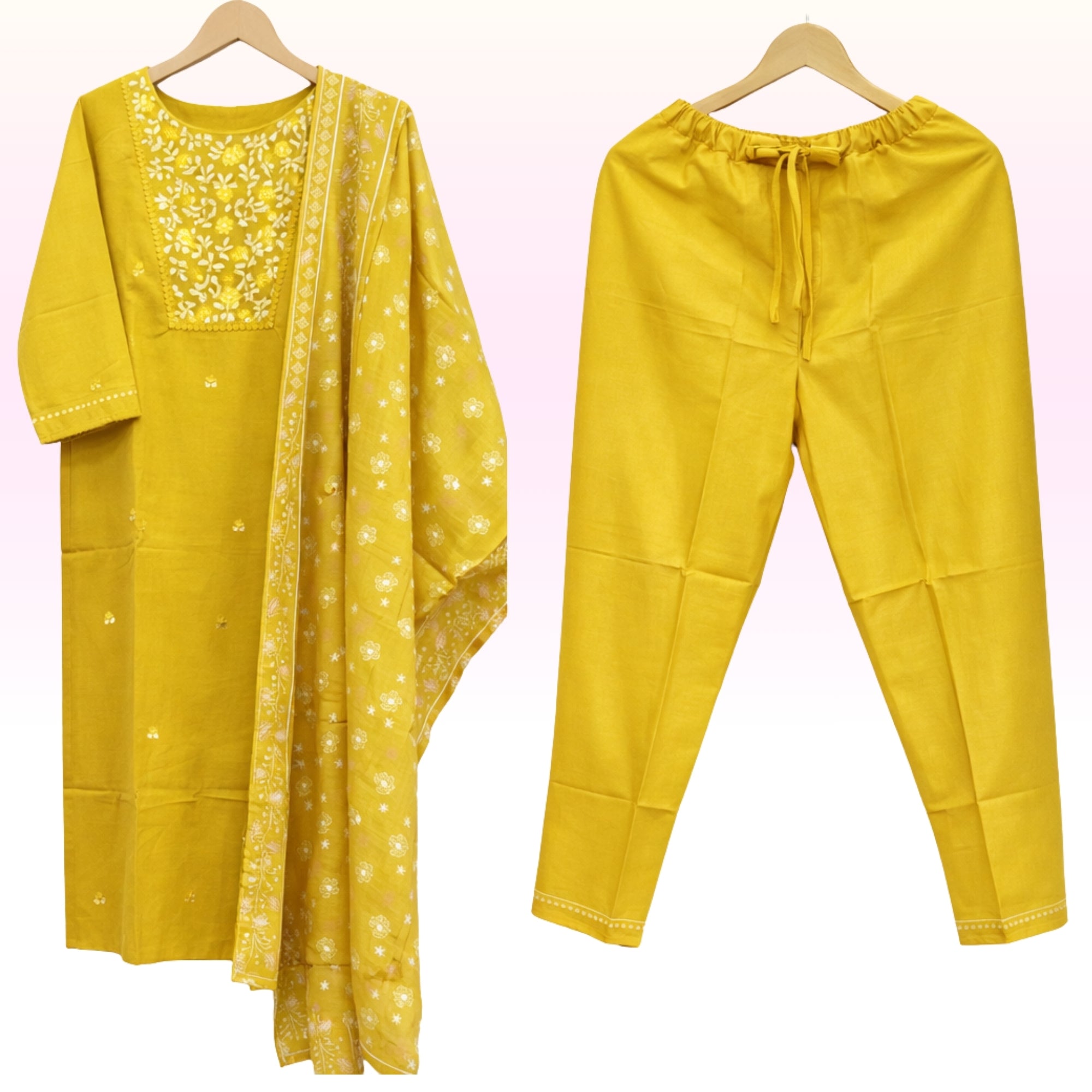 Mustard Yellow Embroidered Kurta Pant Set with Printed Dupatta – Women’s Ethnic Wear