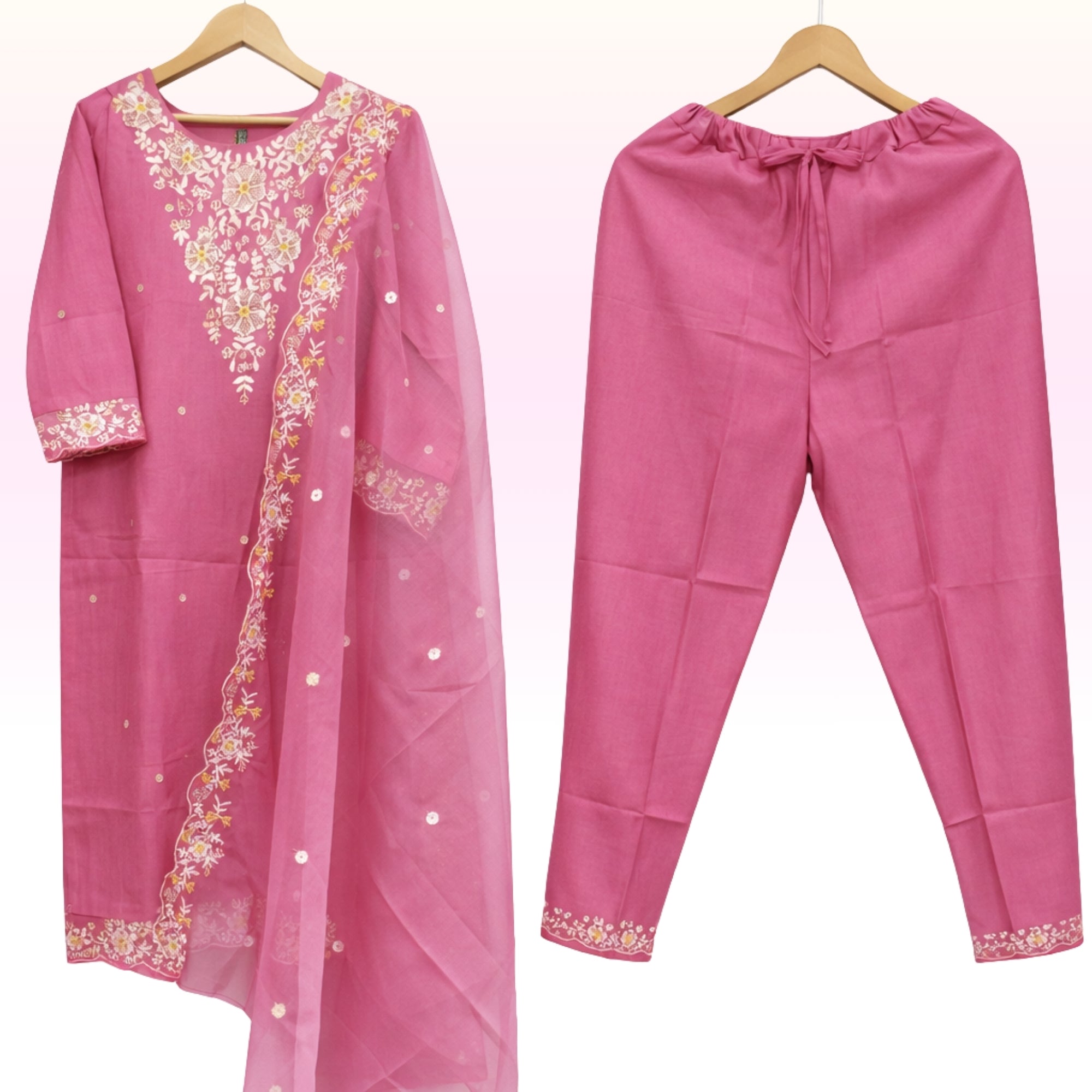 Rose Pink Floral Embroidered Kurta Pant Set with Sheer Dupatta – Women’s Ethnic Wear