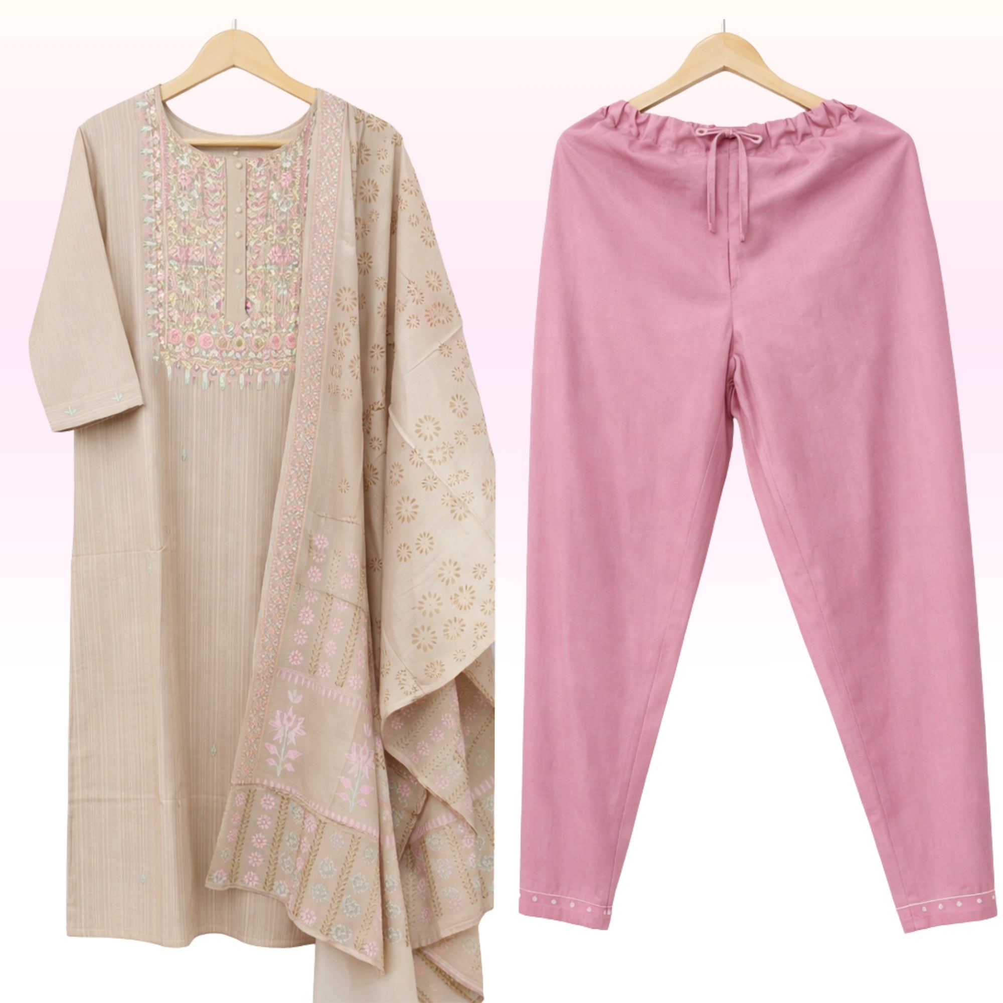 Beige Grey with pink Embroidered Kurta Pant Set with Printed Dupatta & Blush Pink Pants – Women’s Ethnic Wear