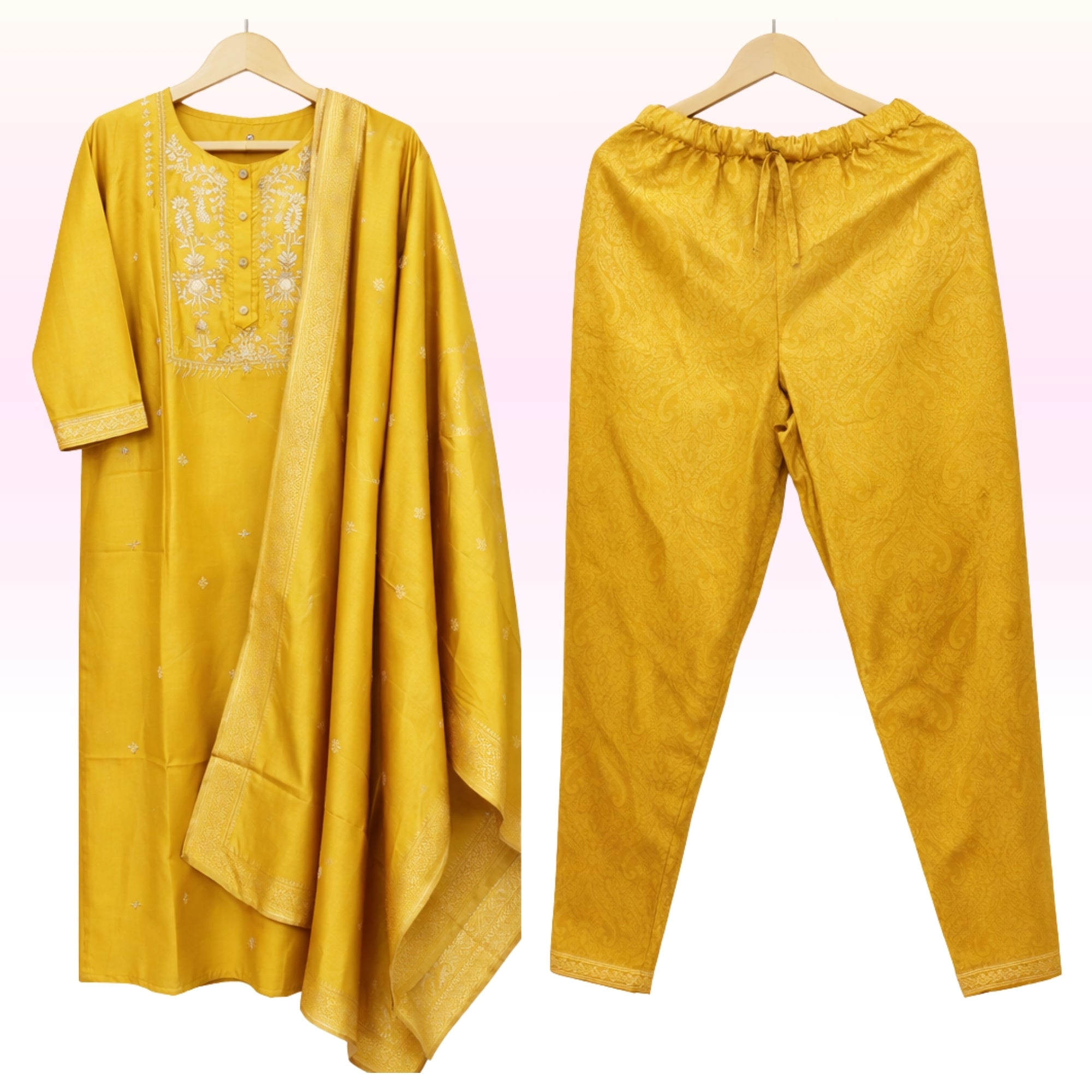 Mustard Gold Embroidered Kurta Pant Set with Jacquard Weave Dupatta – Women’s Festive Ethnic Wear