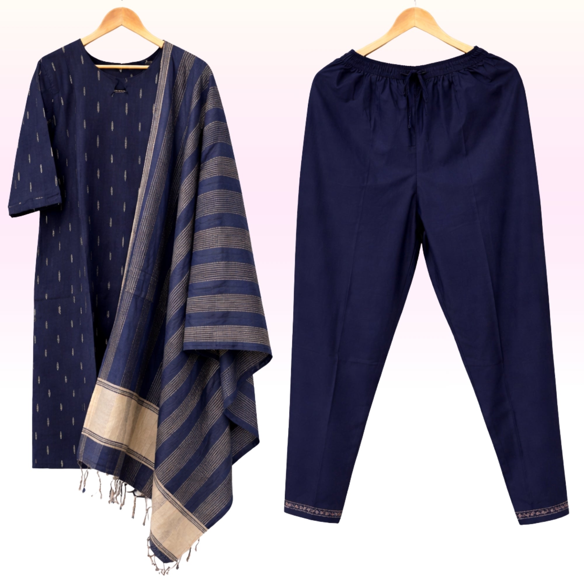 Navy Blue Ikat Print Kurta Pant Set with Striped Woven Dupatta – Women’s Ethnic Wear