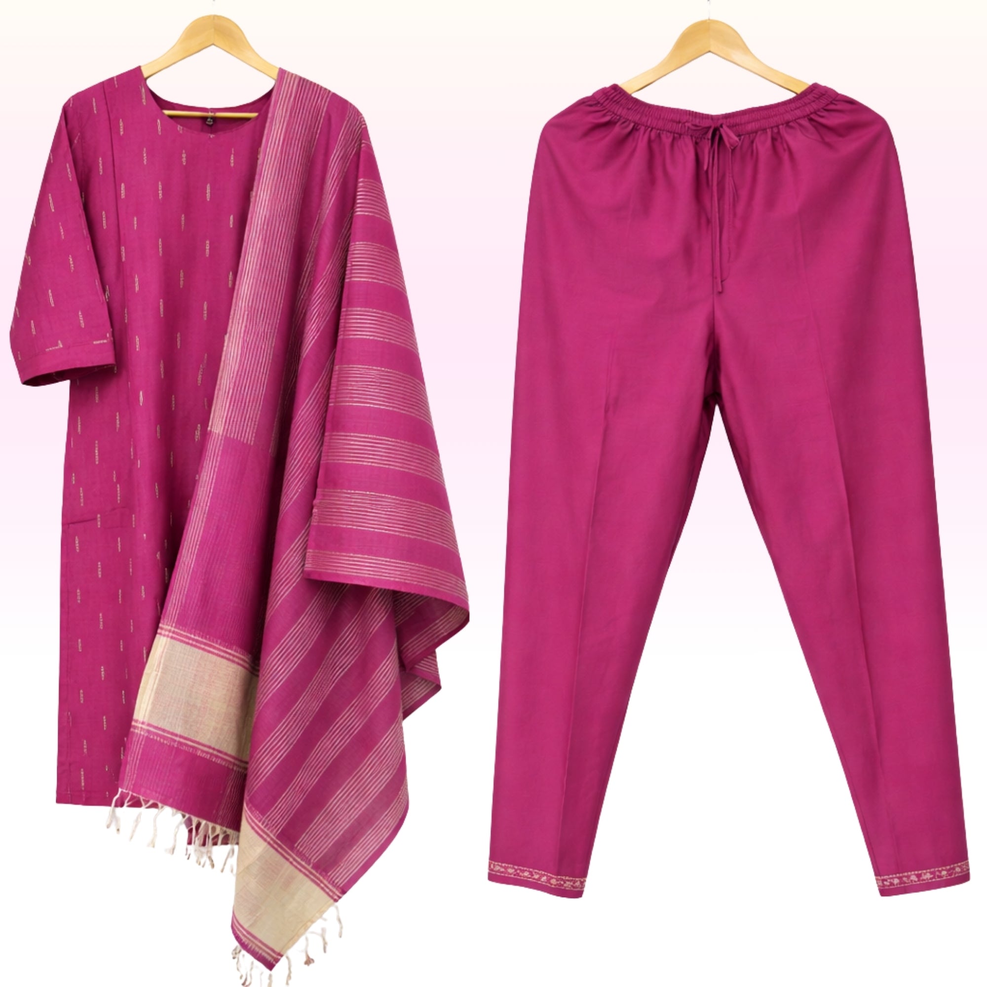 Magenta Ikat Print Kurta Pant Set with Striped Woven Dupatta – Women’s Ethnic Wear