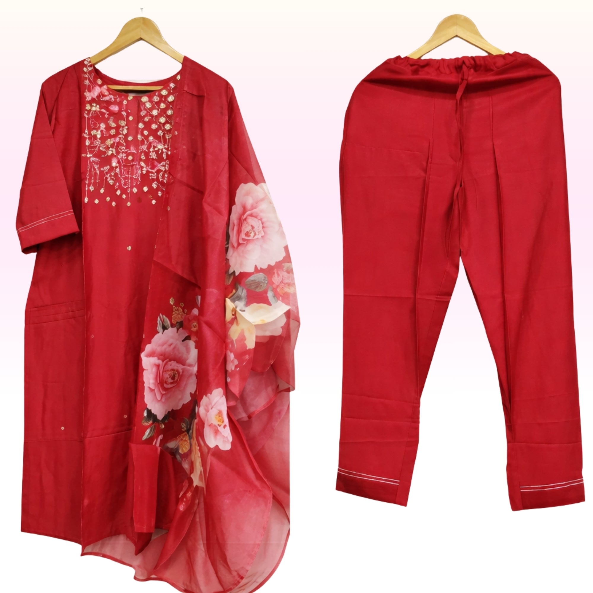 Maroon Floral Embroidered Kurta Pant Set with Printed Dupatta – Women’s Ethnic Wear