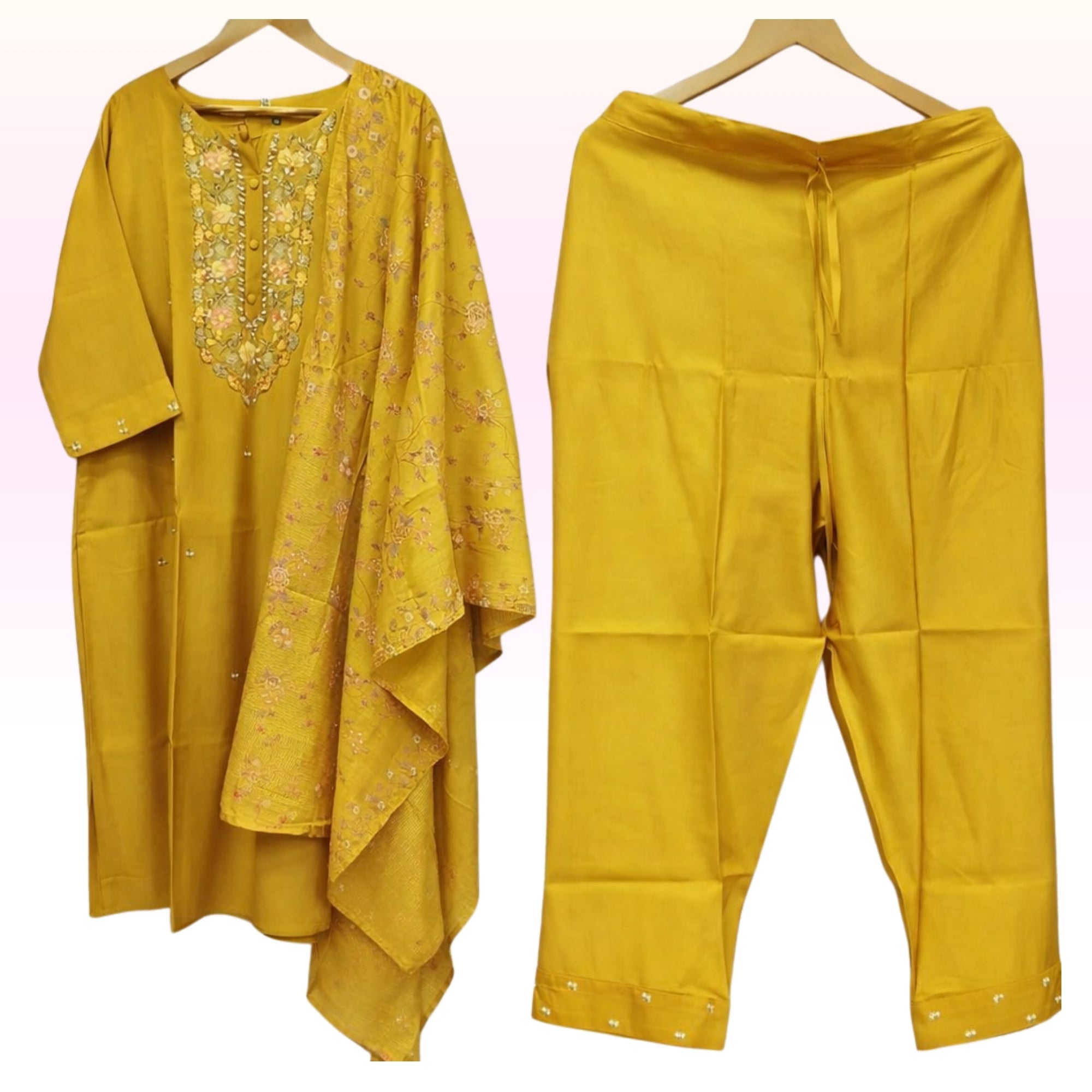 Golden Mustard Embroidered Kurta Pant Set with Printed Dupatta – Women’s Ethnic Wear