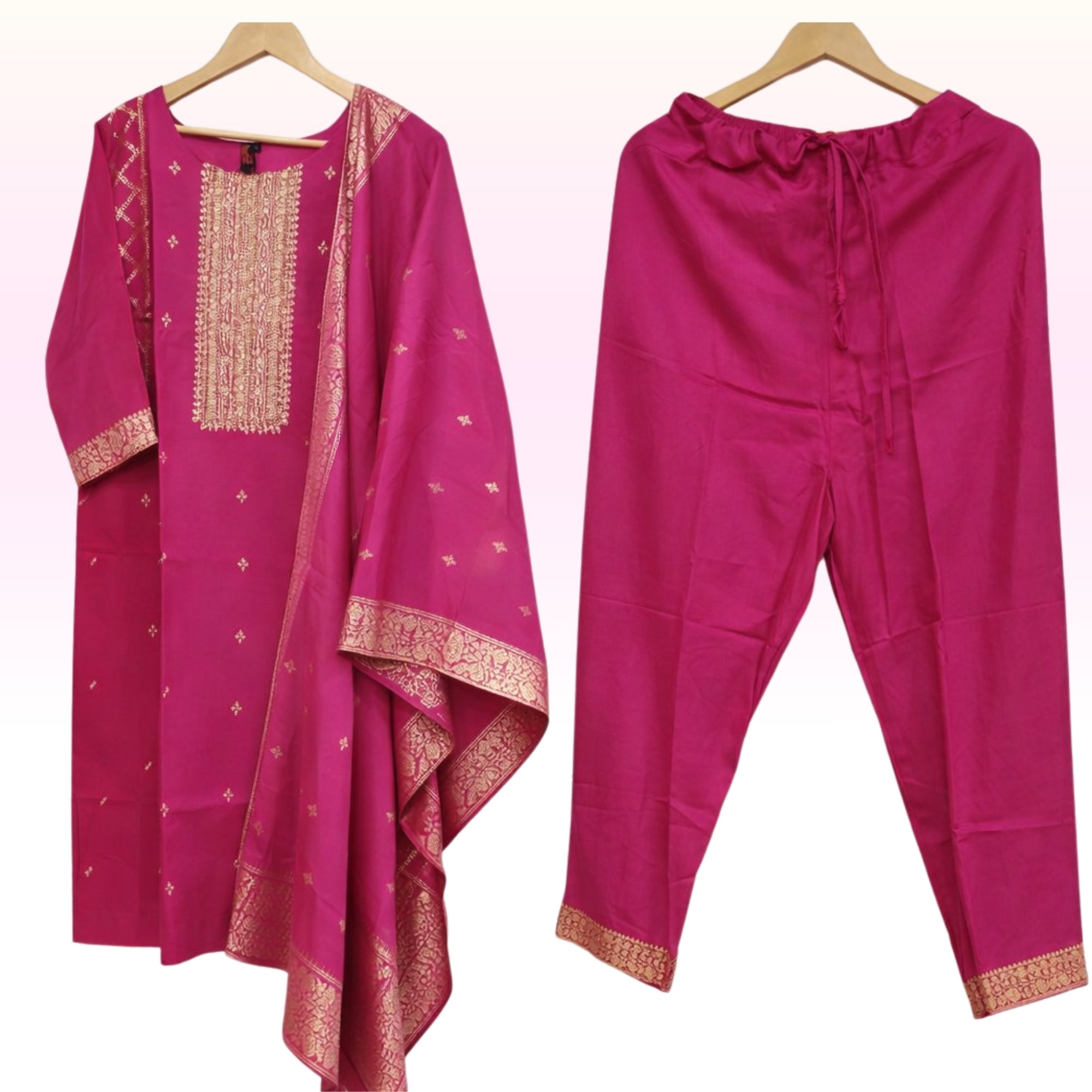Hot Pink Embroidered Kurta Pant Set with Woven Dupatta – Women’s Festive Ethnic Wear