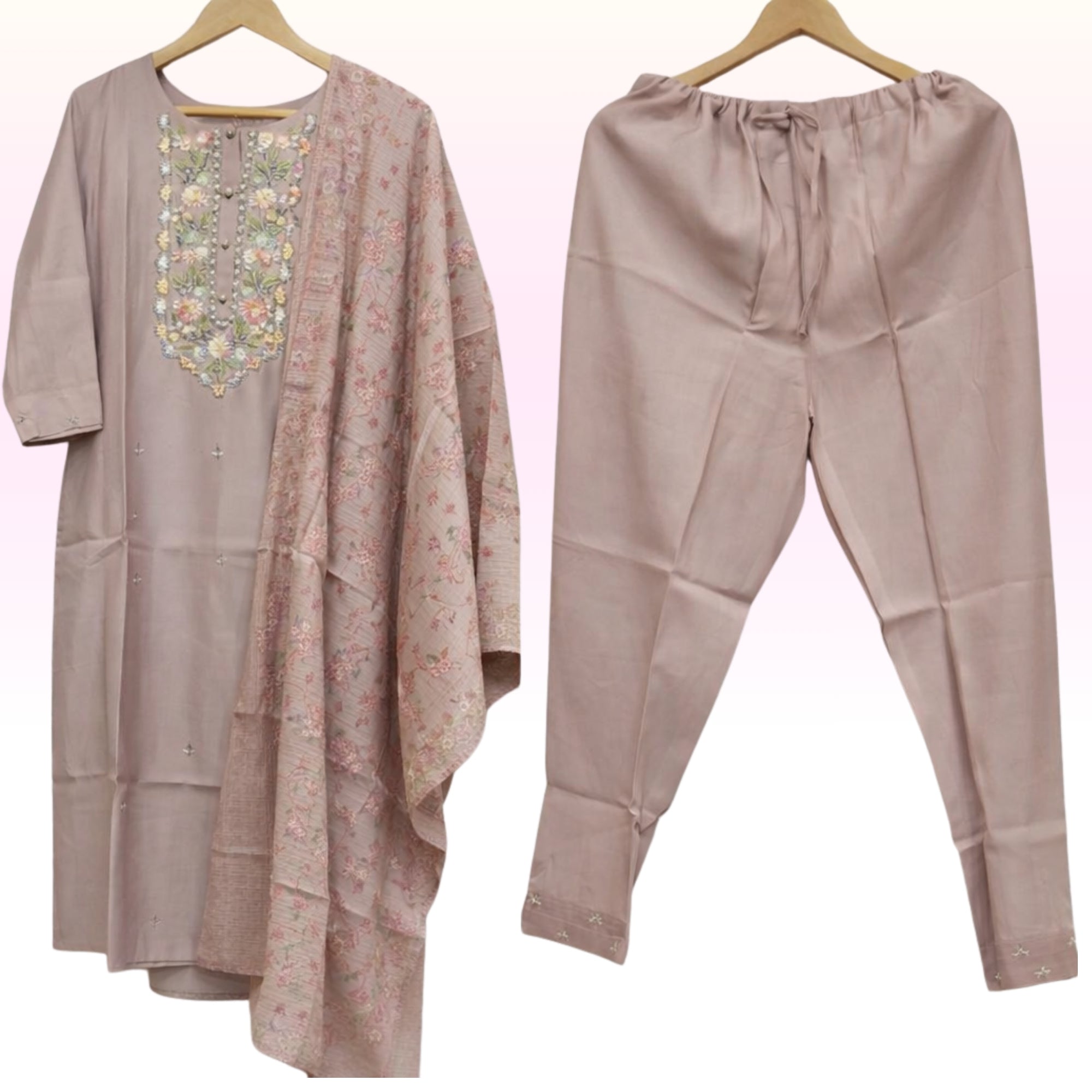 Mauve Taupe Embroidered Kurta Pant Set with Printed Dupatta – Women’s Ethnic Wear