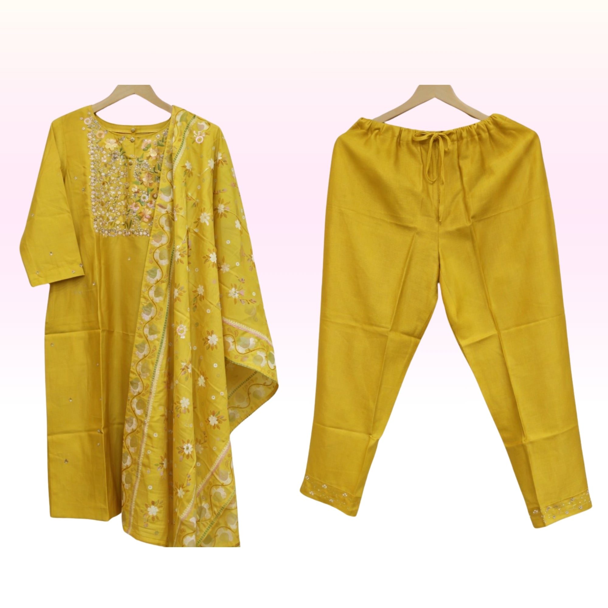 Lime Yellow Embroidered Kurta Pant Set with Matching Dupatta – Women’s Ethnic Wear