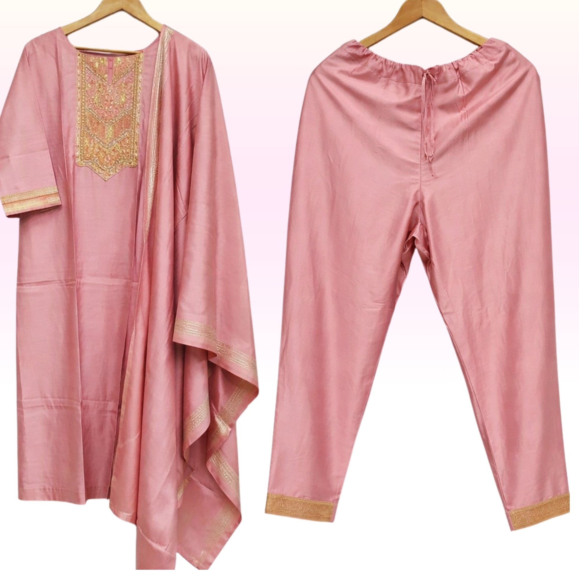 Blush Pink Embroidered Kurta Pant Set with Matching Dupatta – Women’s Festive Ethnic Wea