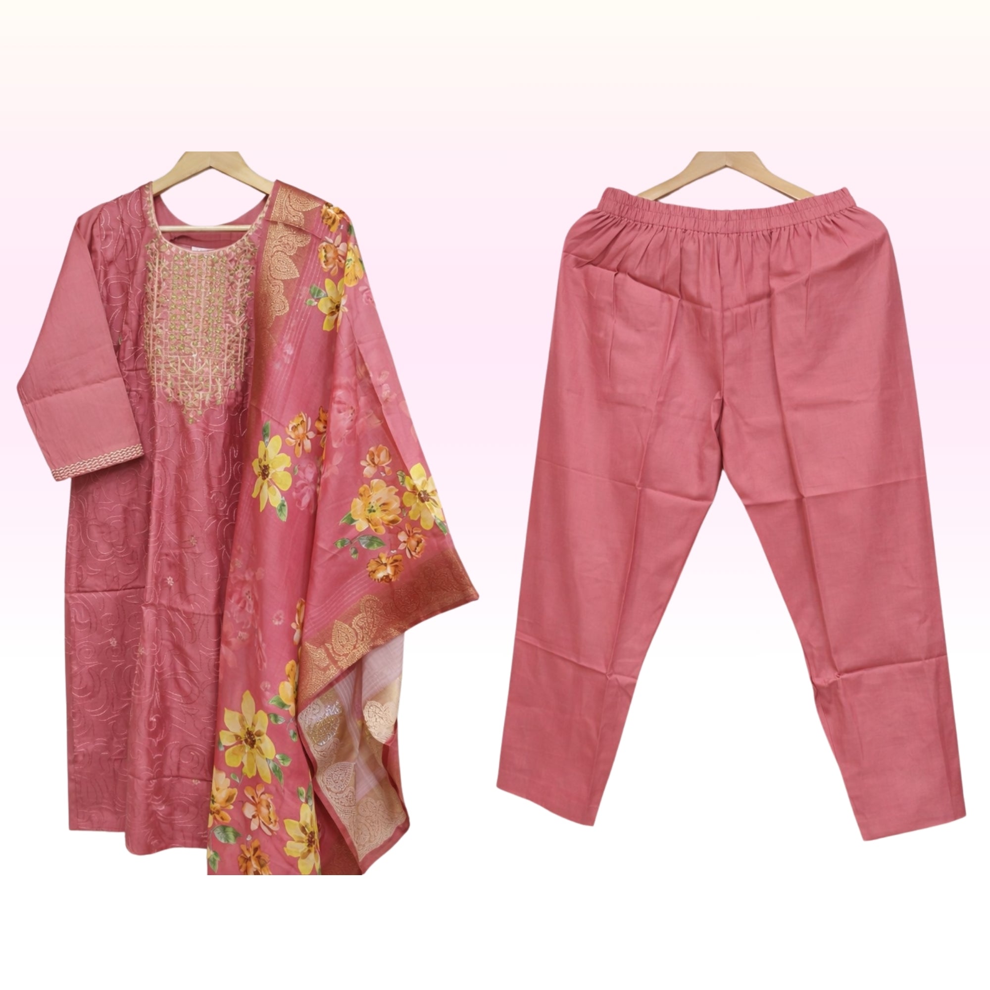 Women’s Rose Pink Printed Kurta Set with Pant & Dupatta – Embroidered Neck, Festive Ethnic Wear