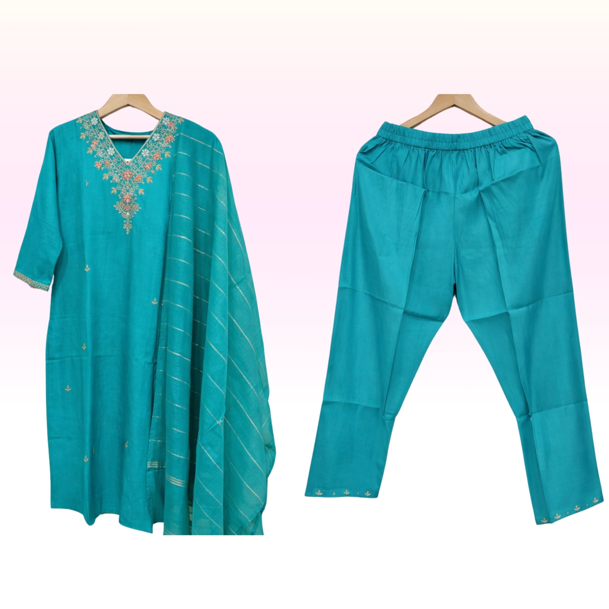 Women’s Teal Green Embroidered Kurta Set with Pant & Dupatta – Elegant Festive Ethnic Wear