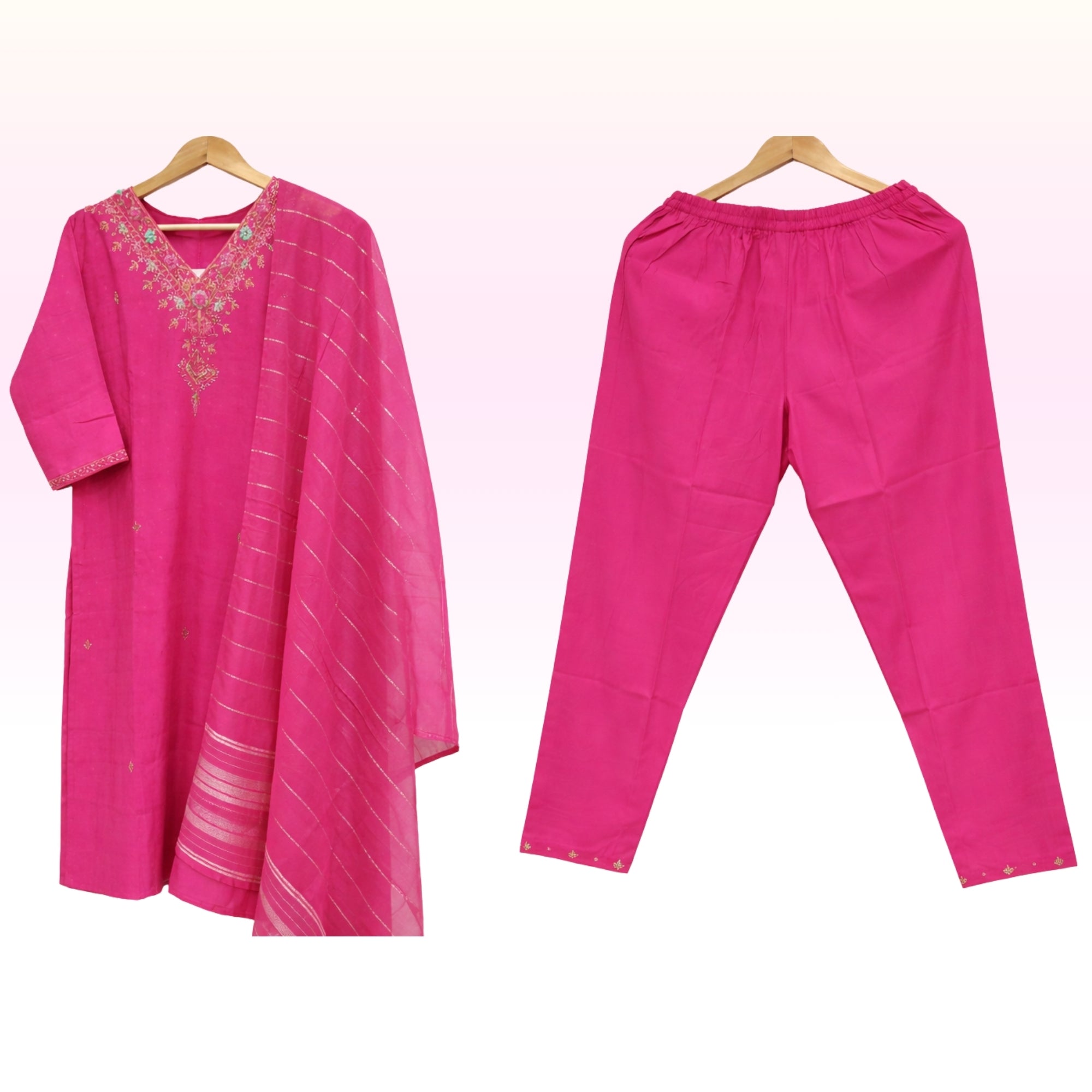 Women’s Fuchsia Pink Embroidered Kurta Set with Pant & Dupatta – Festive Ethnic Wear