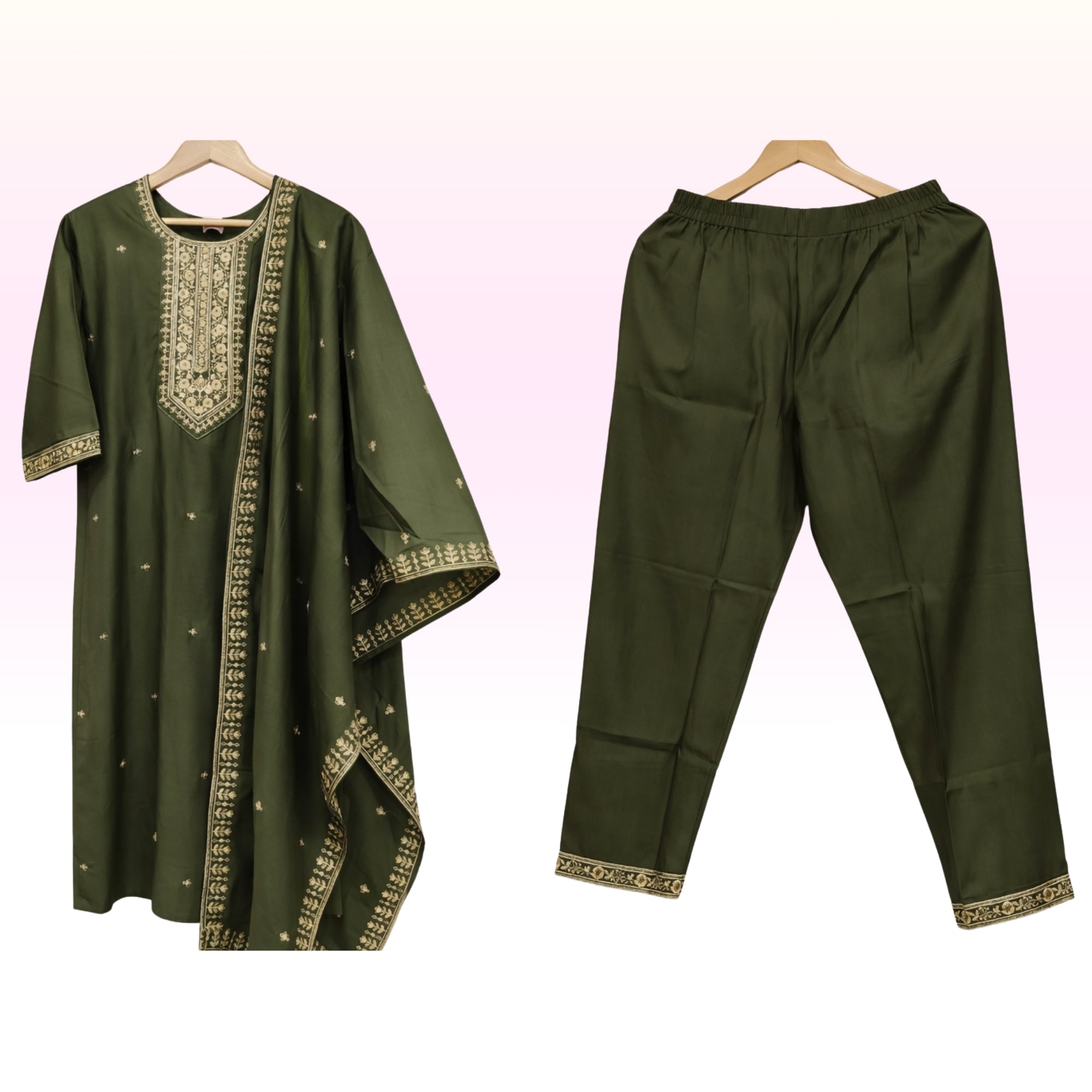 Women’s Olive Green Embroidered Kurta Set with Pant & Dupatta – Elegant Festive Ethnic Wear